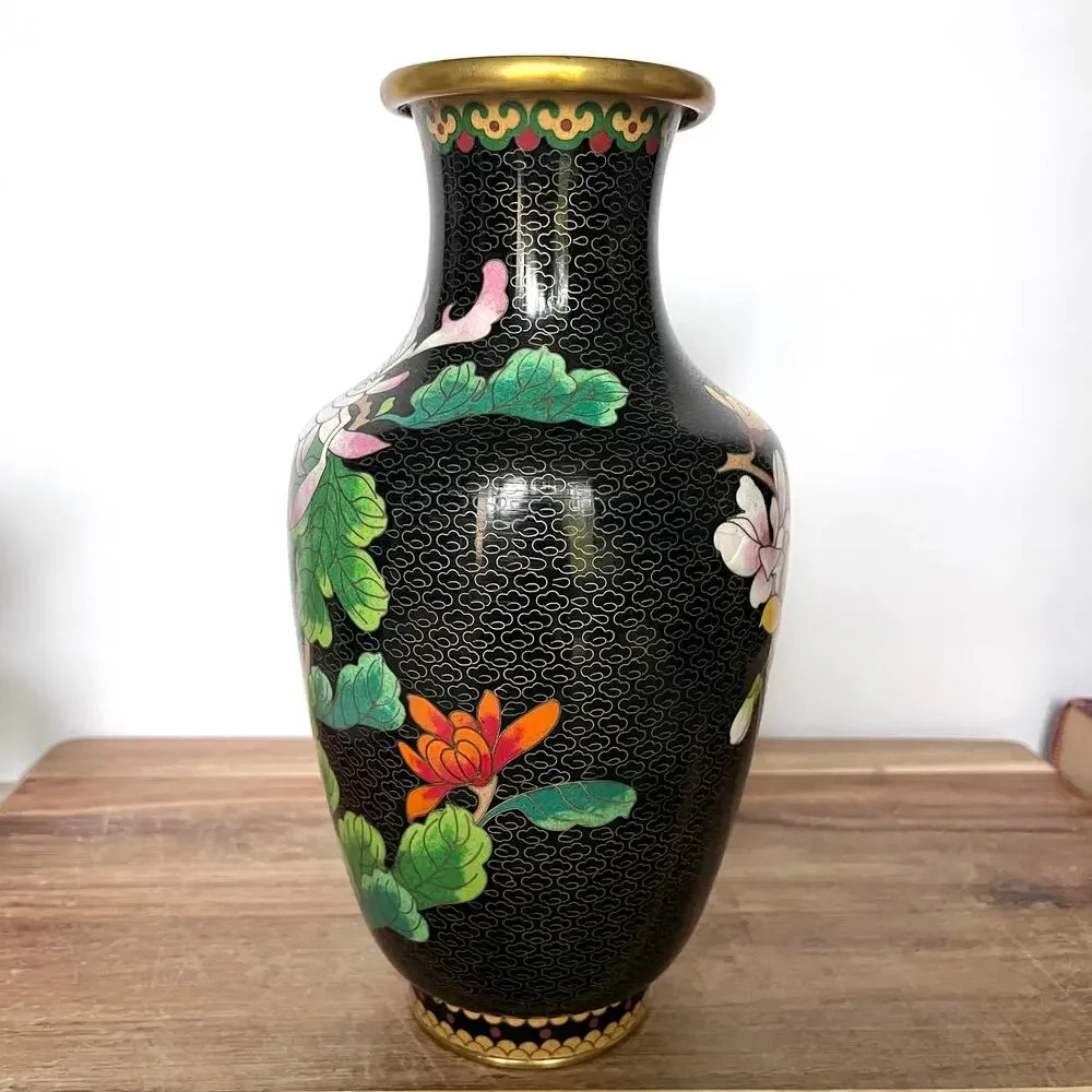 Vintage Chinese Cloisonne Lotus Flower Floral Botanical Bird Vase 10